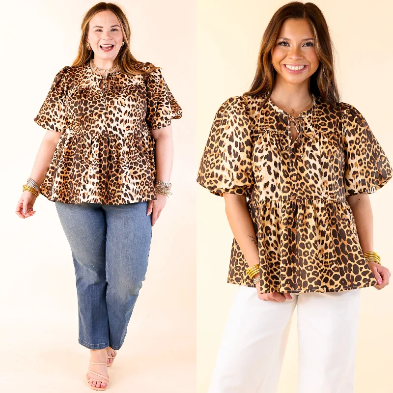 Fierce and Fab Babydoll Top with Short Puff Sleeves in Leopard Print