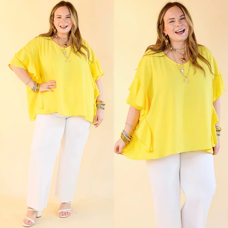 Sip of Spring Ruffle Sleeve Shift Top with V Neckline in Lemon Yellow