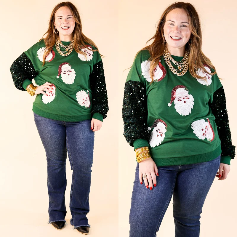 Sequin Santa Crewneck Sweatshirt with Velvet Sleeves in Dark Green