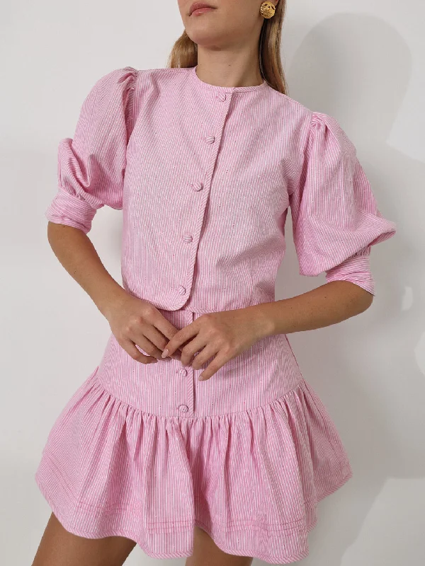 Cici Stripe Button Top | Candy Pink Casual Women's Loose - fitting