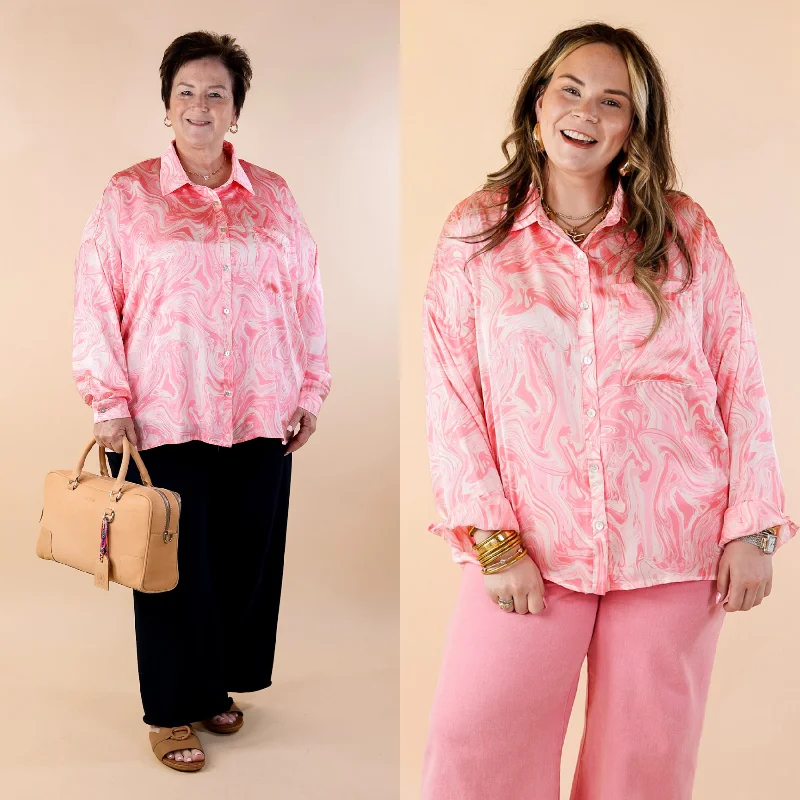 Pack A Punch Button Up Satin Marble Print Top in Pink