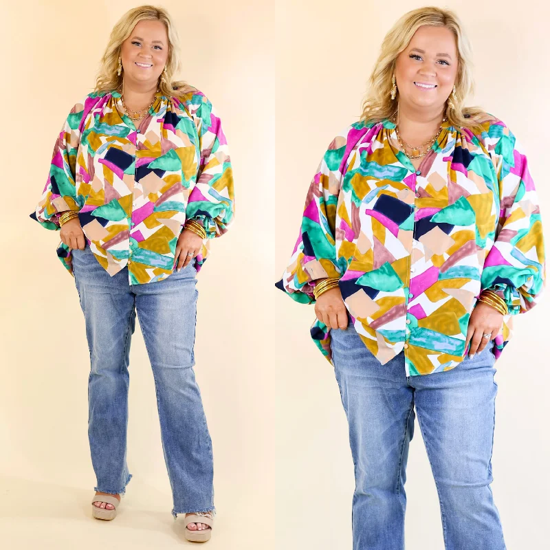 Possible Romance Geometric Print Button up Top in Green and Purple Mix