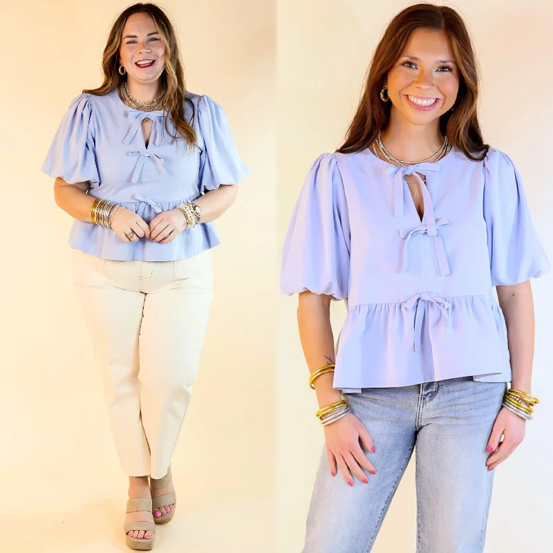 Simply Stunning Short Puff Sleeve Top with Bow Tie Detailing in Baby Blue