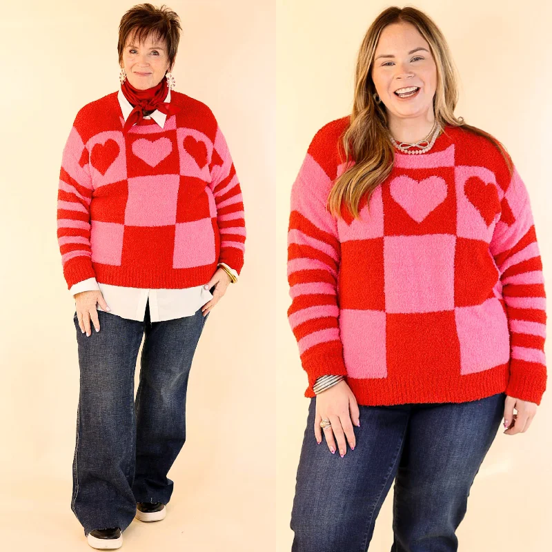 Heart on My Sleeve Checkered Sweater with Hearts in Red and Pink