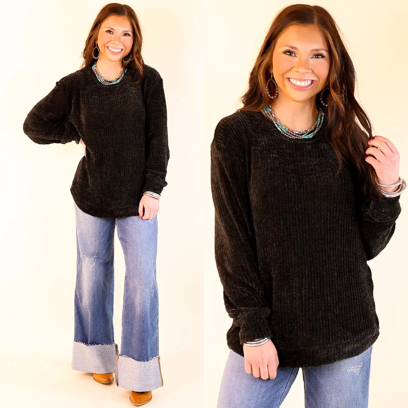 Classic Cutie Long Sleeve Chenille Waffle Knit Round Neck Sweater in Black