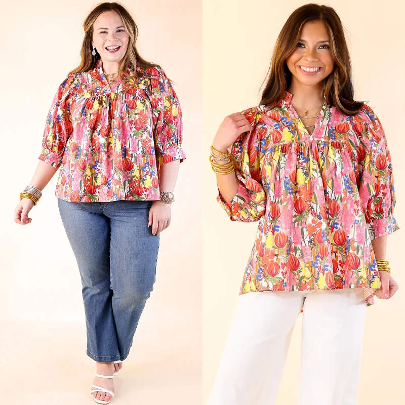 Blissful Bloom Floral Print Top with Puff Sleeves in Pink Mix