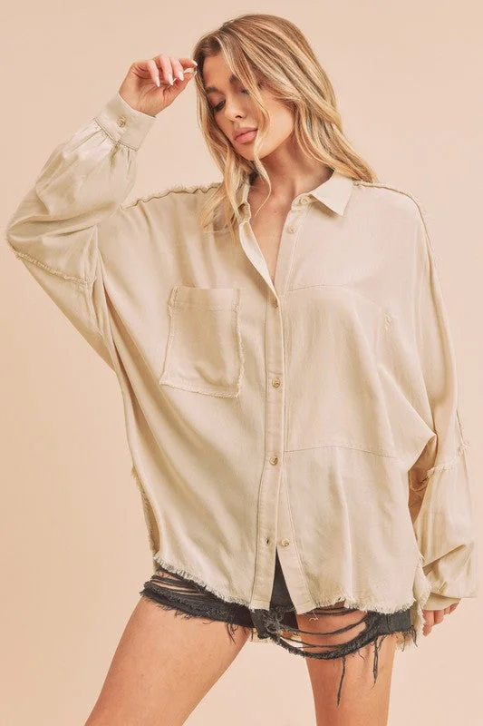 Aemi + Co Raw Edge Exposed Seam Collared Neck Long Sleeve Shirt Youthful Women's Pop