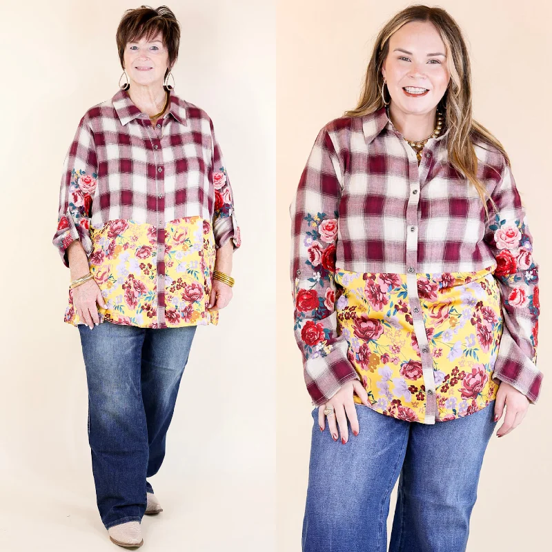 Crisp Air Charm Plaid and Floral Print Long Sleeve Top with Embroidery in Maroon and Marigold (Mustard) Yellow