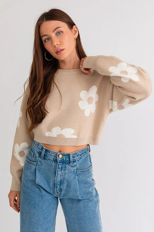 Daisy Print Cropped Sweater Vintage Women's 1970S 