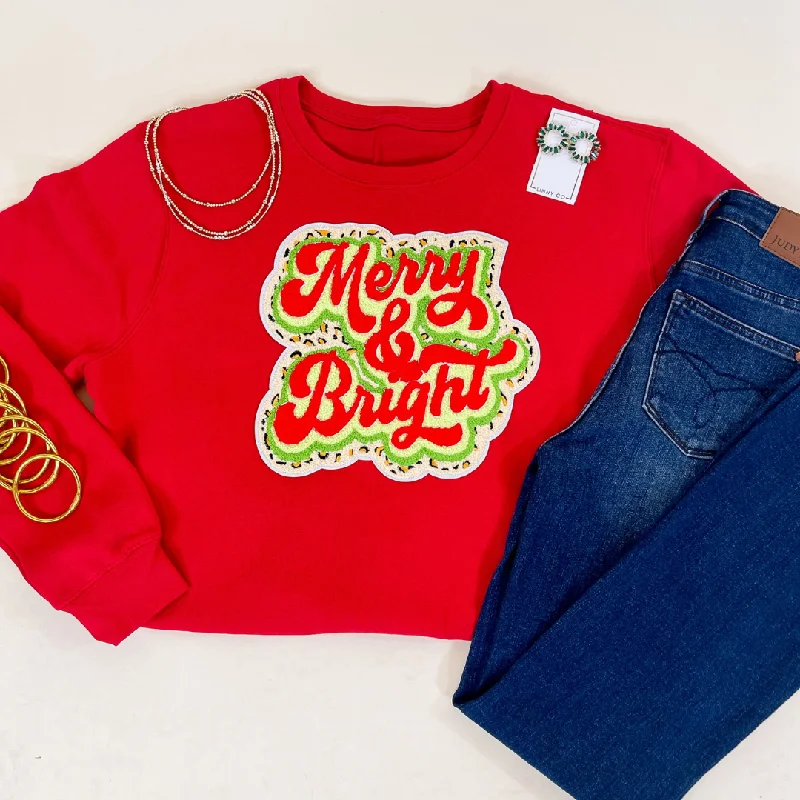 Merry and Bright Graphic Sweatshirt with Cheetah Print Backing in Red