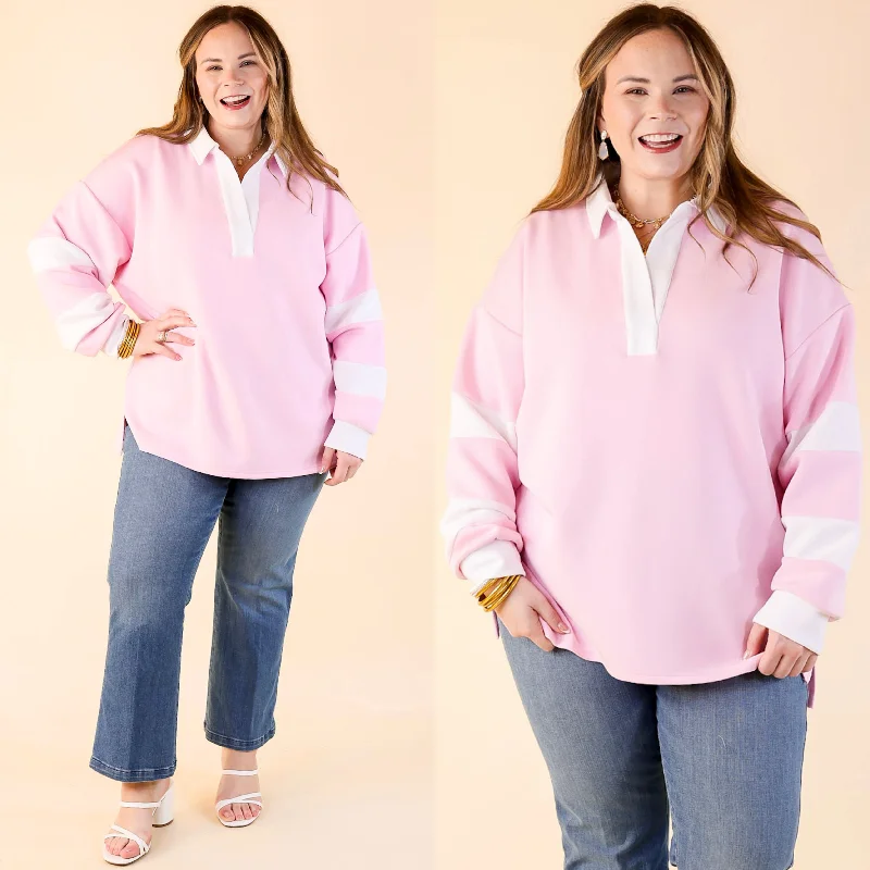 Game Changer Long Sleeve Top with a Collar in Light Pink