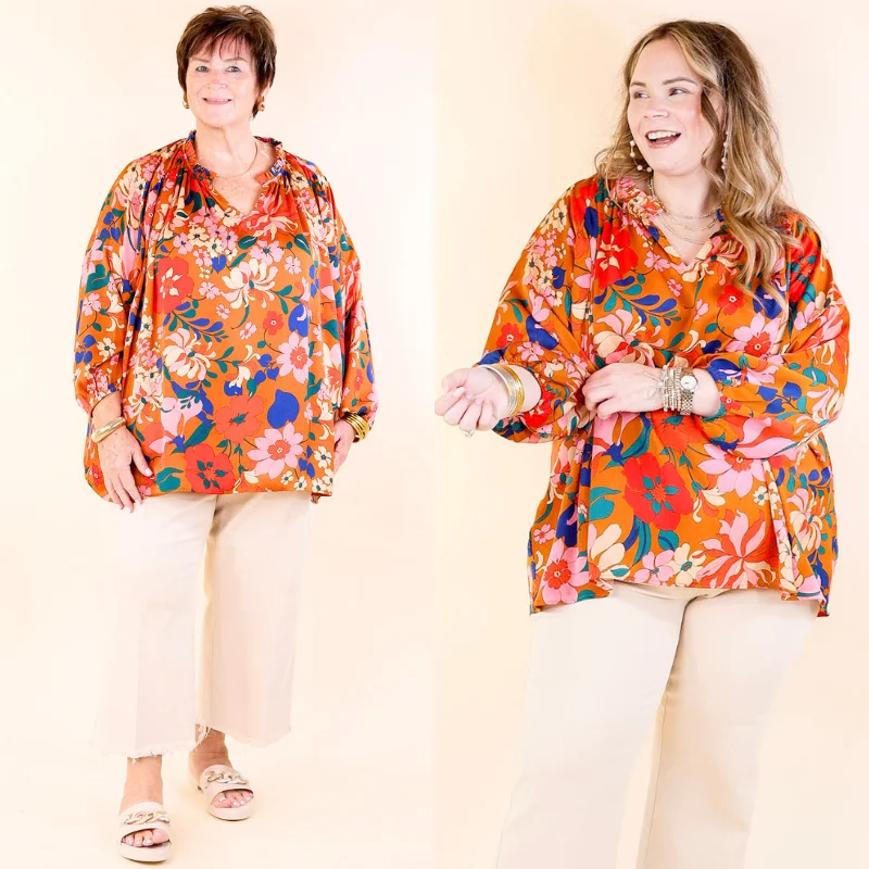 Falling For Floral 3/4 Sleeve Top with Notched Neck in Camel Brown