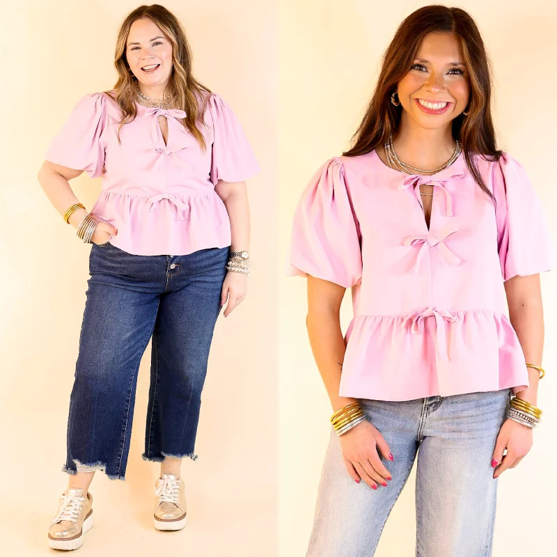 Simply Stunning Short Puff Sleeve Top with Bow Tie Detailing in Baby Pink