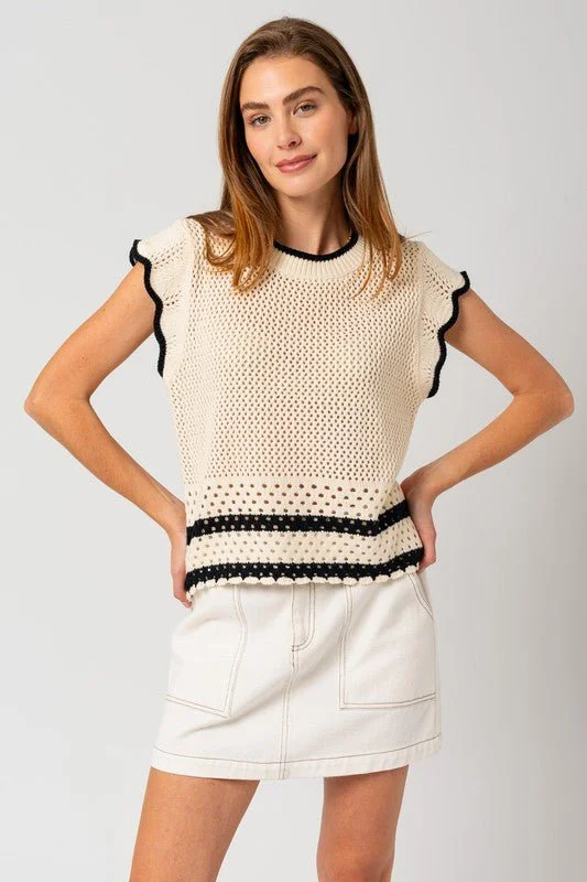 Round Neck Ruffle Sleeveless Color Contrast Top Feminine Women's Soft 