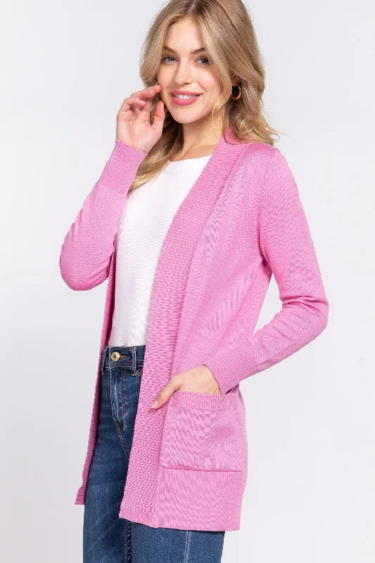 Ribbed Trim Open Front Cardigan Bohemian Women's Free