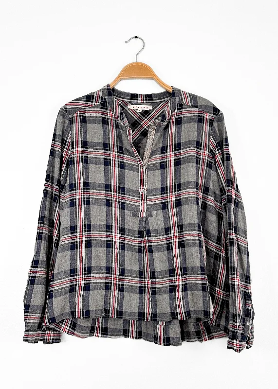 Xirena Navy Gray and Red Plaid Flannel 1/4 Button Down Top (S)