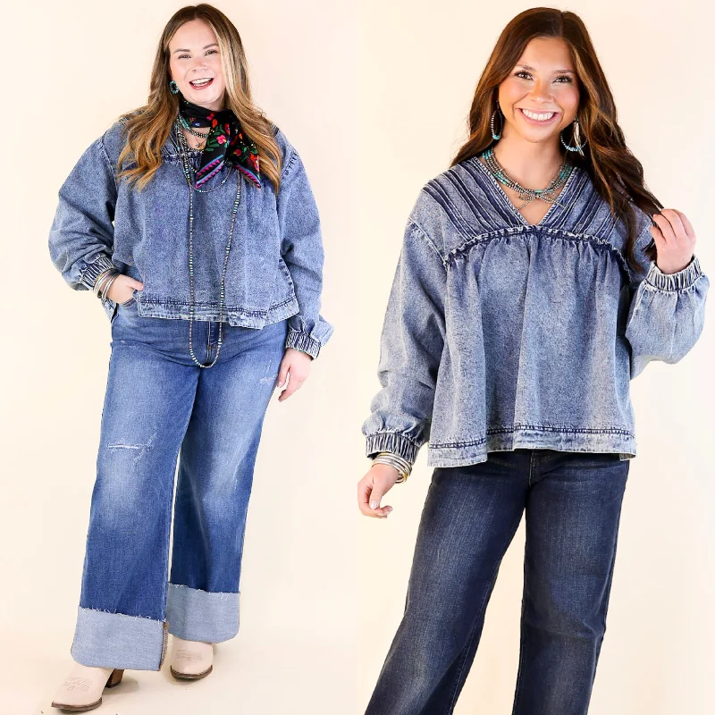 Western Soul Long Sleeve V Neck Denim Top in Medium Wash