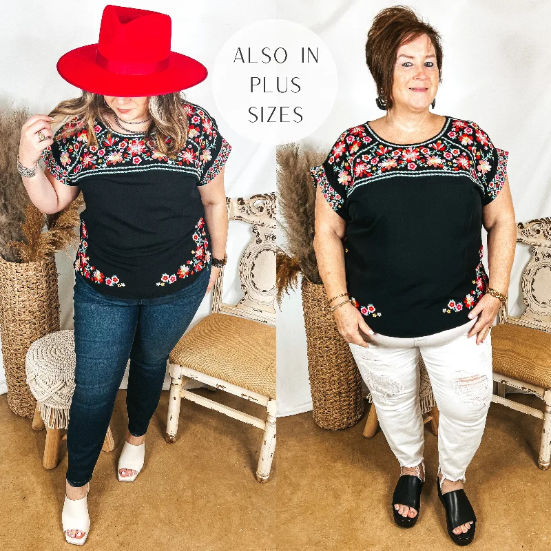 Sunny Sweetheart Floral Embroidered Cap Sleeve Top in Black