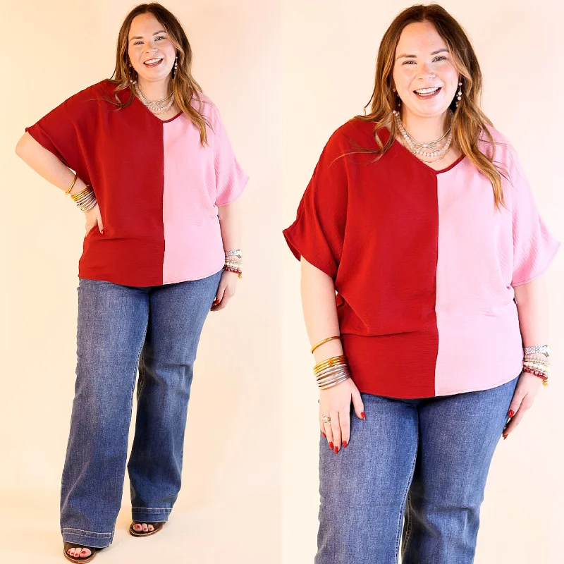 Lovely Dear V Neck Short Sleeve Color Block Top in Light Pink and Maroon