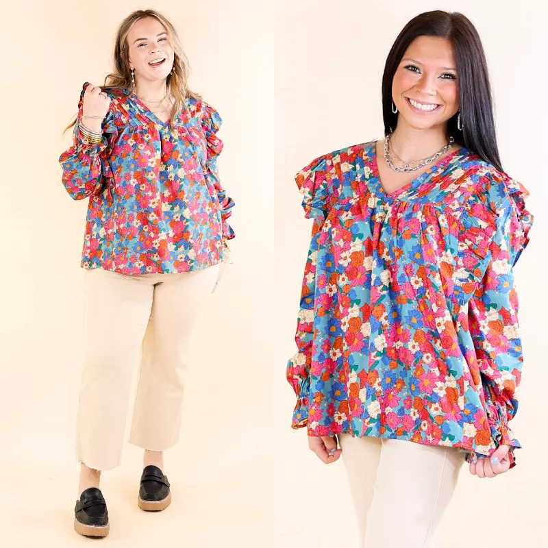 Coffee Perks Floral Ruffle Detail Long Sleeve Top in Turquoise