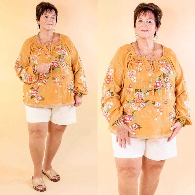 Fashionably Late Embroidered Long Sleeve Top with Front Keyhole and Tie in Mustard Yellow