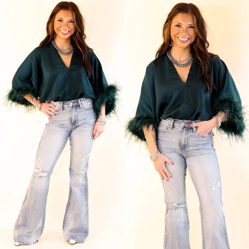 Party Plans V Neck Bodysuit with Feather Sleeves in Teal