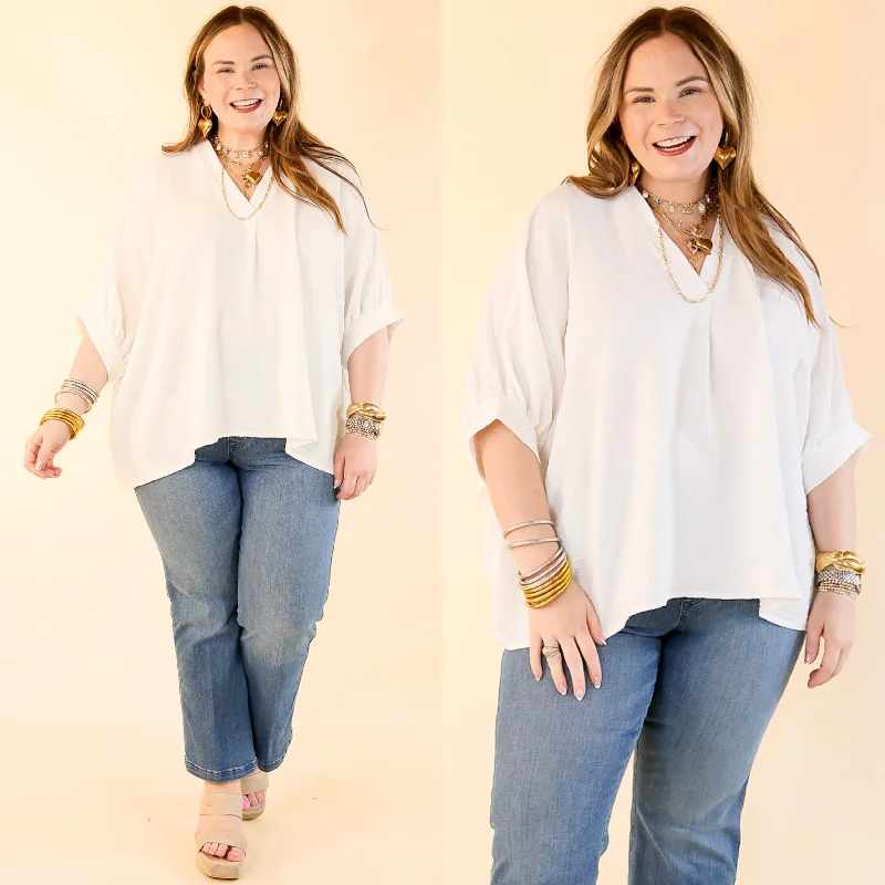 Elevated Basics V Neck Top with Half Sleeves in Off White