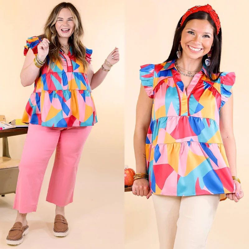 I Can't Wait V Neck with Ruffled Sleeves Top in Multicolor