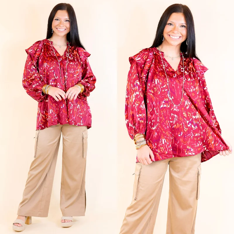 Sweet Charisma Abstract Print Blouse with Notched Neckline in Maroon