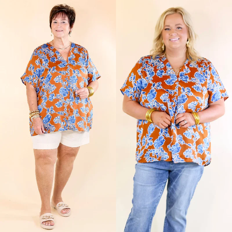 Whimsical Ways Floral Short Sleeve Blouse in Copper and Blue