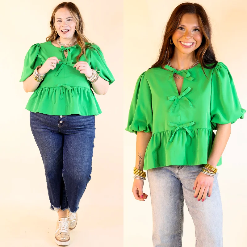 Simply Stunning Short Puff Sleeve Top with Bow Tie Detailing in Green