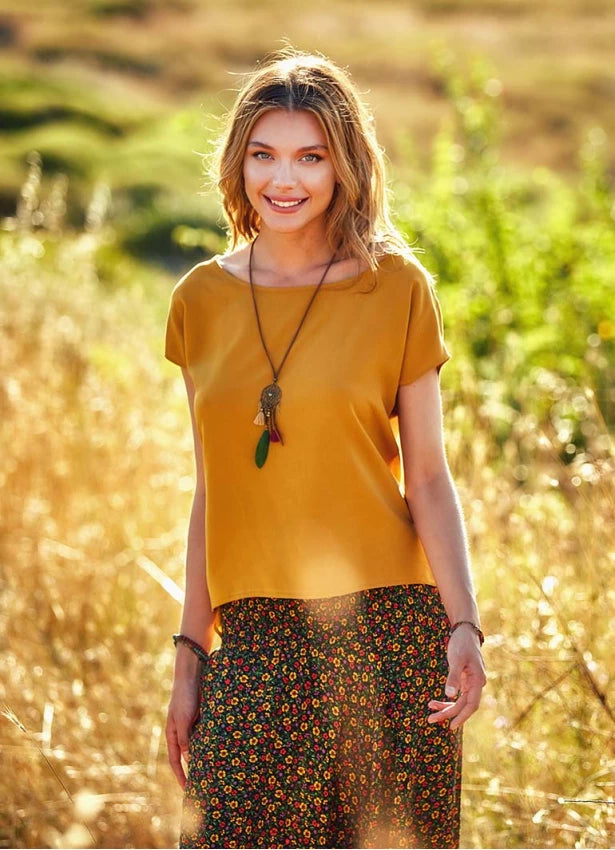 Casual Yellow Blouse with Boat Neck Button Detail Dynamic Women's High - energy
