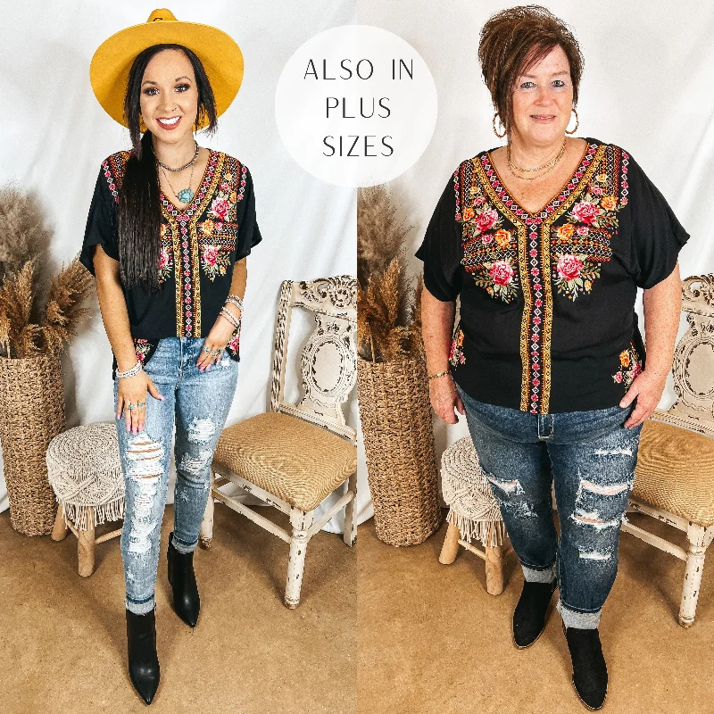 Time in Terlingua Southwest Embroidered Short Sleeve V Neck Top in Black