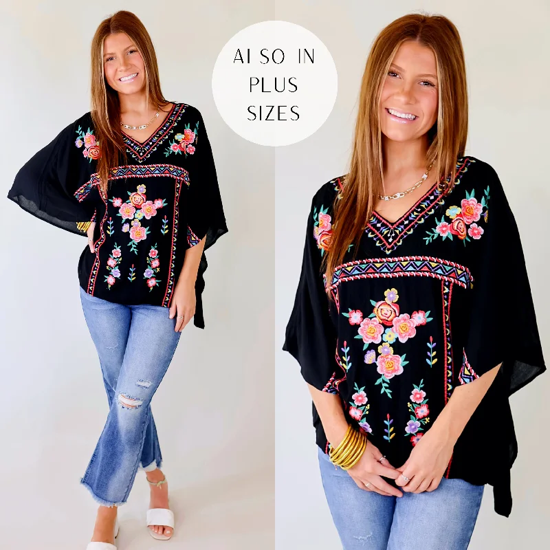 Beautiful Borders Half Sleeve V Neck Floral Embroidered Top in Black