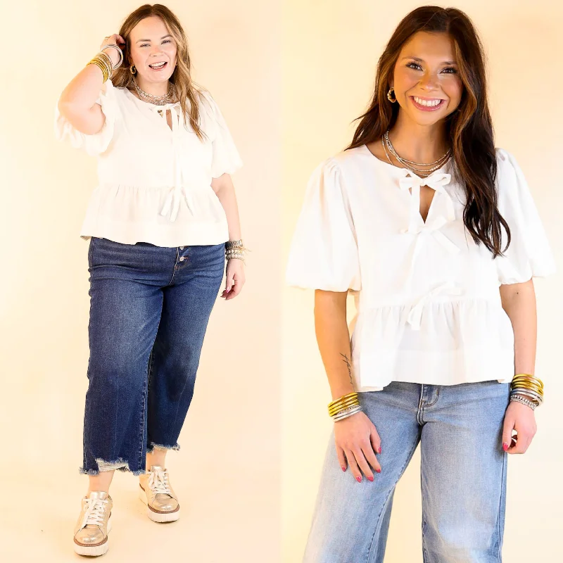 Simply Stunning Short Puff Sleeve Top with Bow Tie Detailing in Off White