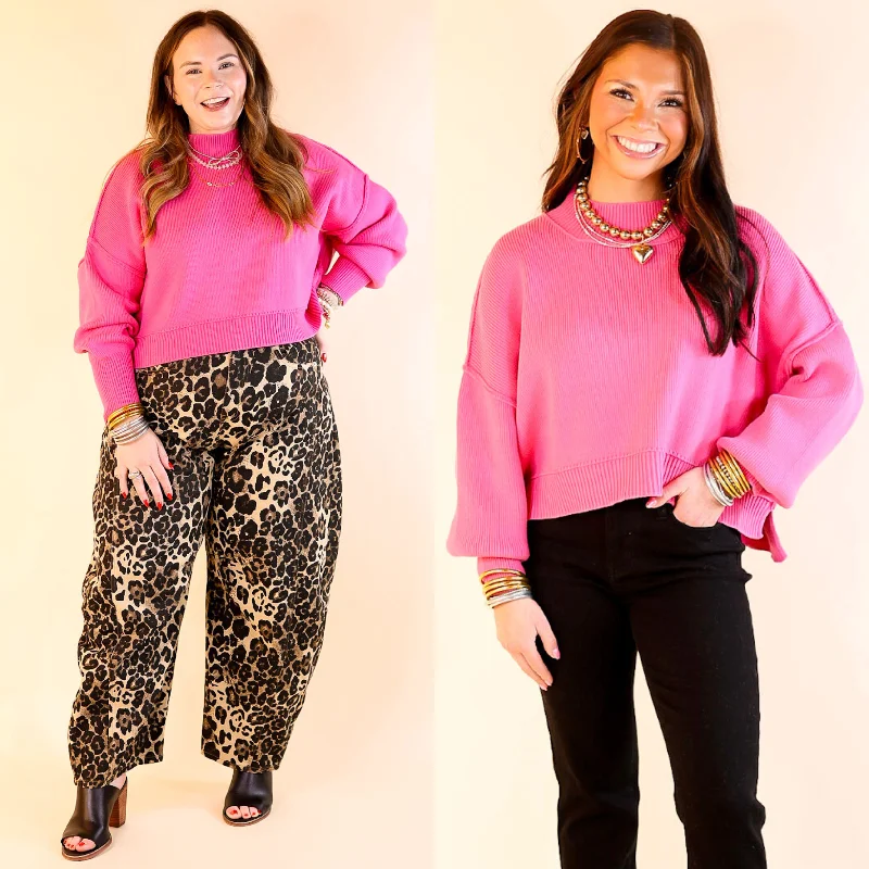 Fireside Fit Cropped Long Sleeve Mock Neck Sweater in Fuchsia Pink