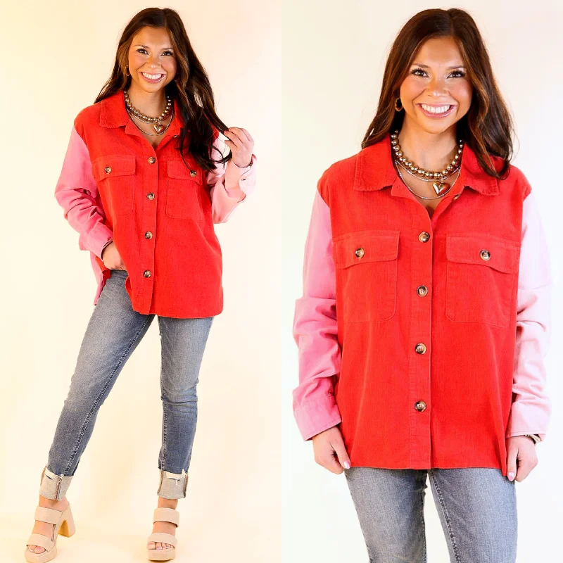 Kind Smiles Button Up Corduroy Color Block Shacket in Red and Pink