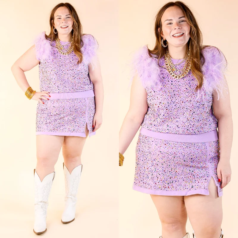 Queen Of Sparkles | Crystal Studded Tank Top with Feather Shoulders in Lavender Purple