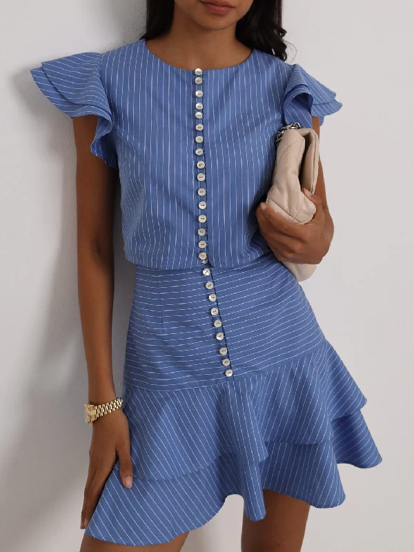 Liza Stripe Frill Sleeve Top | Blue/White Minimalist Women's Casual