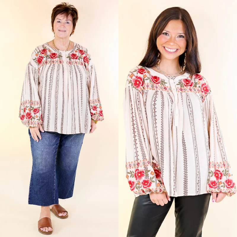 Savanna Jane | New Trails Long Sleeve Tribal Print Floral Embroidered Top in Cream