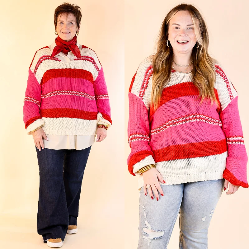 Cozy On Up Long Sleeve Striped Sweater in Red Mix