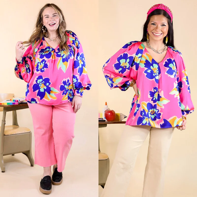 Peony Path Long Sleeve Floral Top with V Neckline in Pink