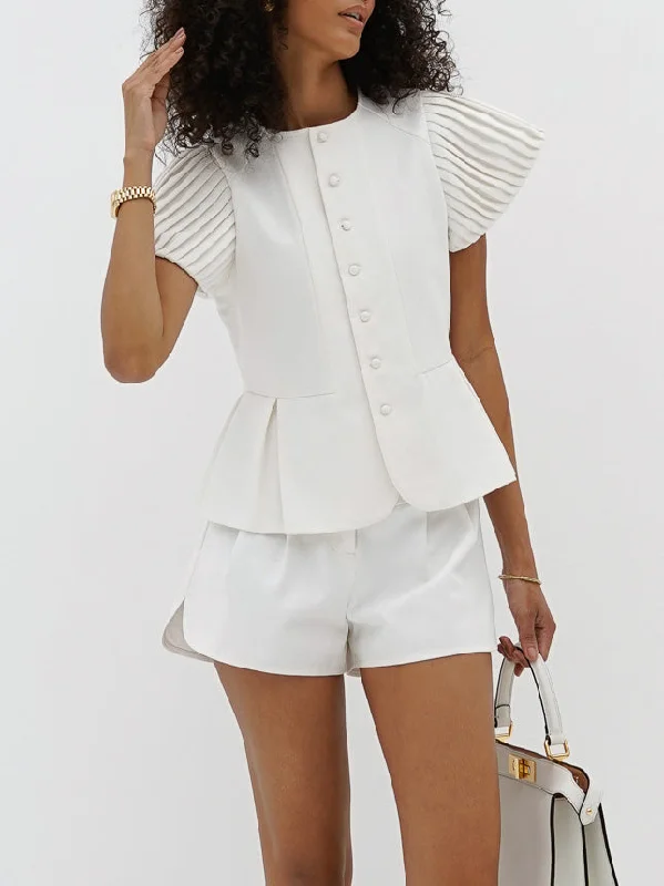 Diane Pleat Shoulder Denim Top | White Polished Women's Silk