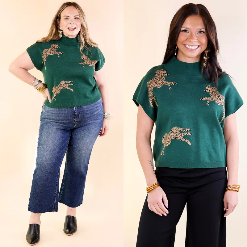 Upscale Charm Cheetah Print Sweater Top in Hunter Green