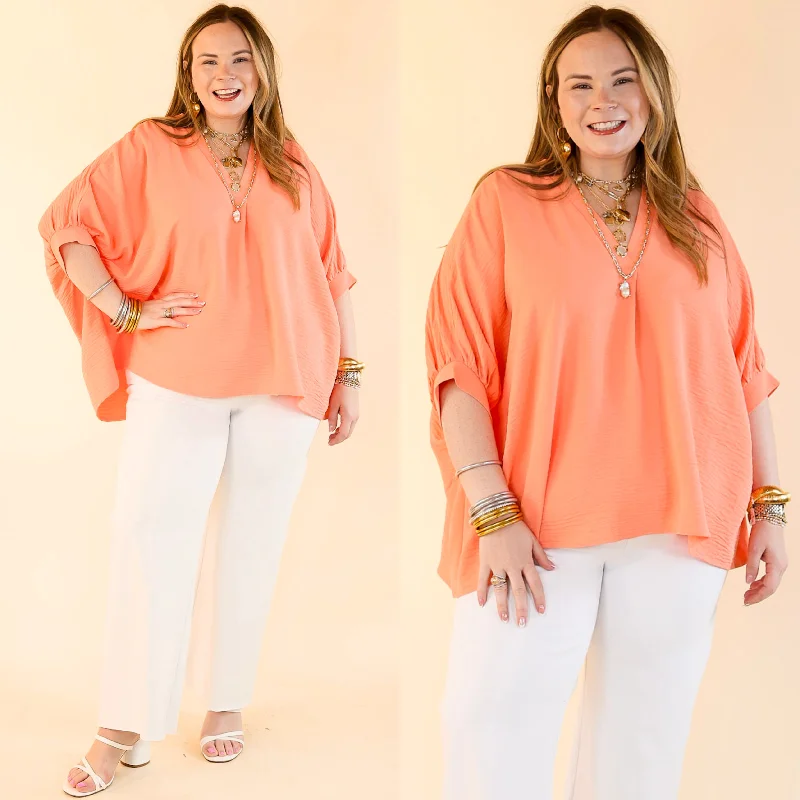 Elevated Basics V Neck Top with Half Sleeves in Coral Orange