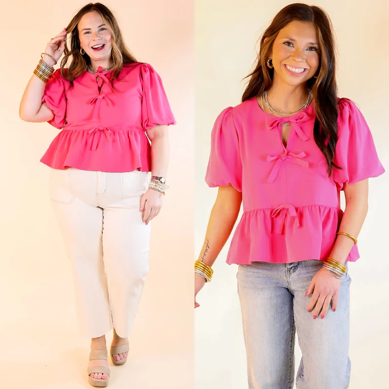 Simply Stunning Short Puff Sleeve Top with Bow Tie Detailing in Hot Pink