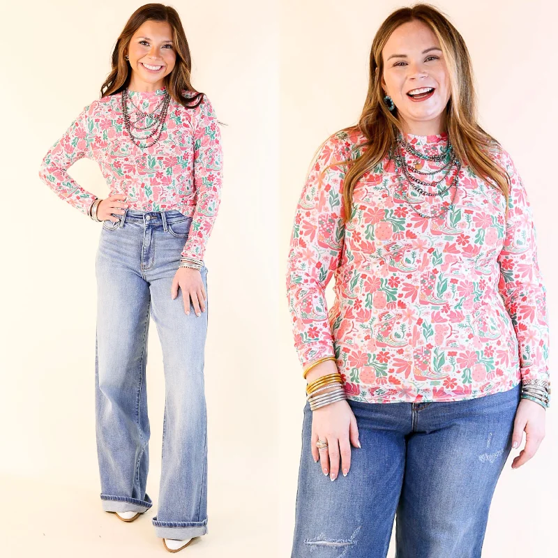 Western Dream Mesh Long Sleeve Top with Western Floral Print in Pink