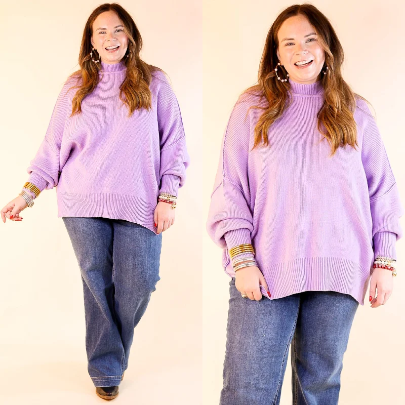 Snug and Stylish Mock Neck Sweater with Side Slit in Lavender Purple