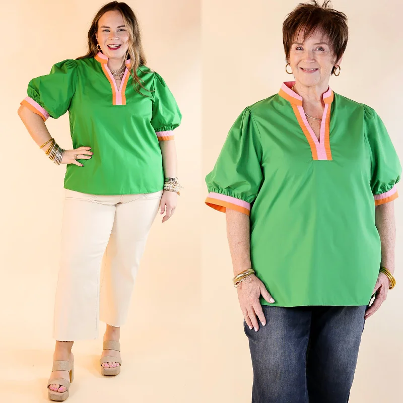 Standout Style V Neck Top with Short Balloon Sleeves in Green