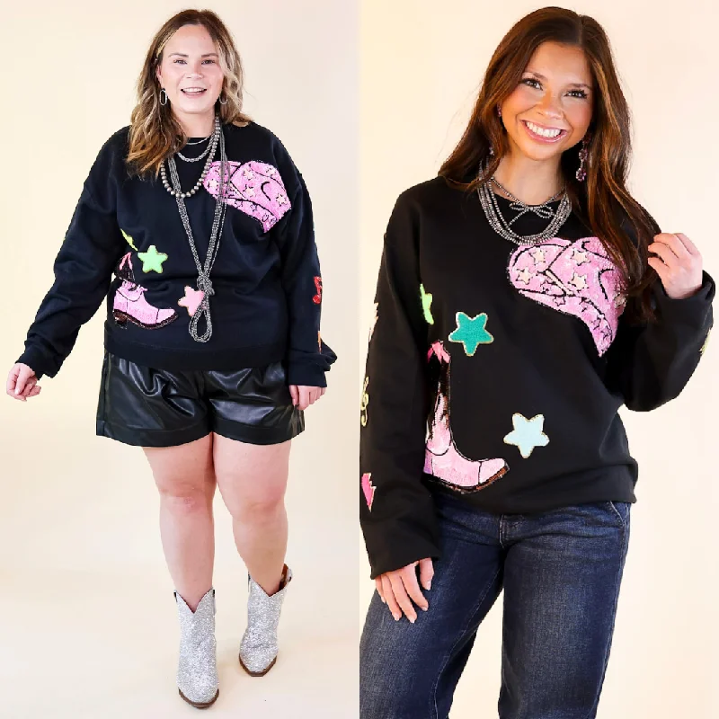 Nashville Lights Chenille and Sequin Patch Graphic Sweatshirt in Black